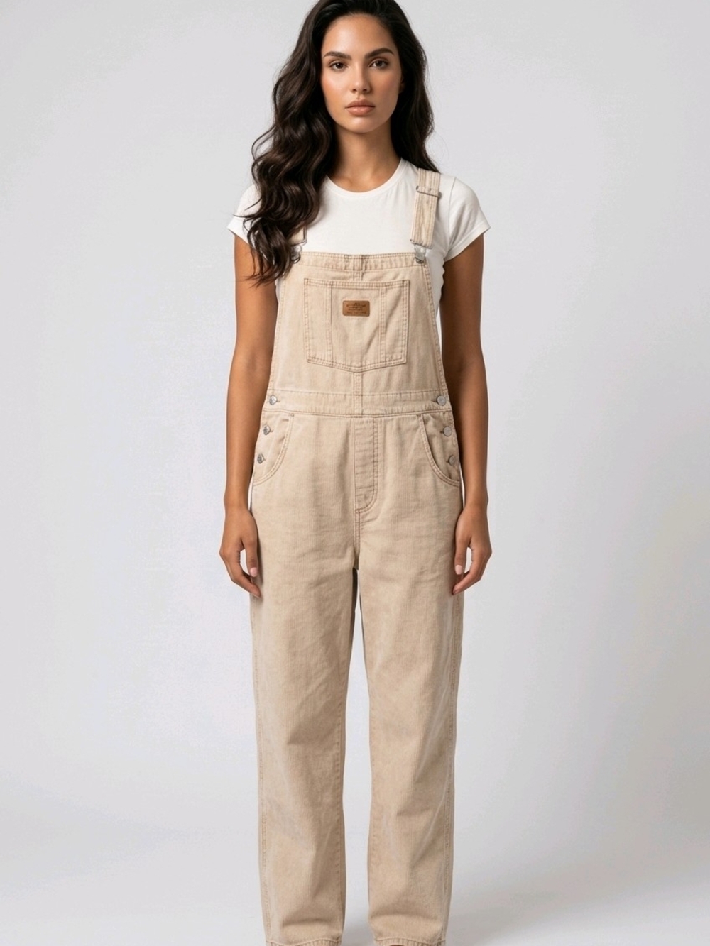 Women's Beige Casual Denim Overalls with Adjustable Straps